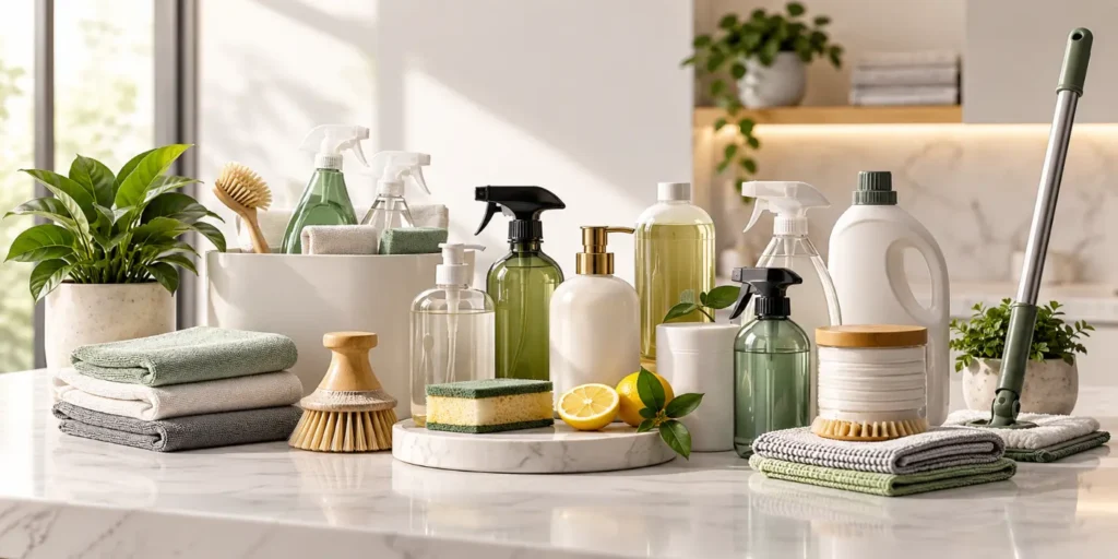 Best home cleaning products arranged on a kitchen counter, including spray bottles, natural cleaners, and eco-friendly supplies