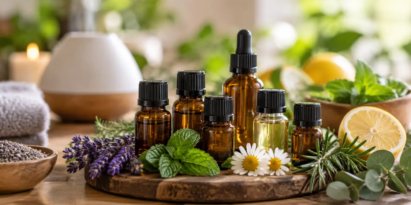 Assorted essential oil bottles with fresh lavender, herbs and a diffuser on a wooden table