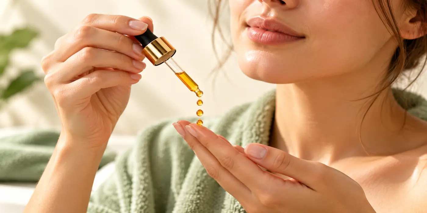 aWoman applying rosehip oil to her face with a glass dropper