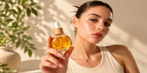 Woman with glowing skin holding a dropper bottle of golden rosehip oil near her face, how to use rosehip oil on face