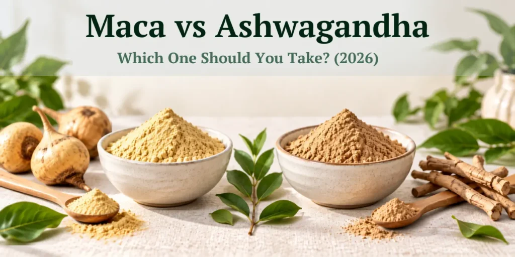 Maca root powder and ashwagandha root powder in two ceramic bowls side by side for a maca vs ashwagandha comparison