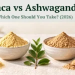Maca root powder and ashwagandha root powder in two ceramic bowls side by side for a maca vs ashwagandha comparison