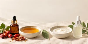 Golden rosehip oil in an amber dropper bottle and bowl with fresh rose hips, beside a white retinol serum in a frosted bottle – rosehip oil vs retinol