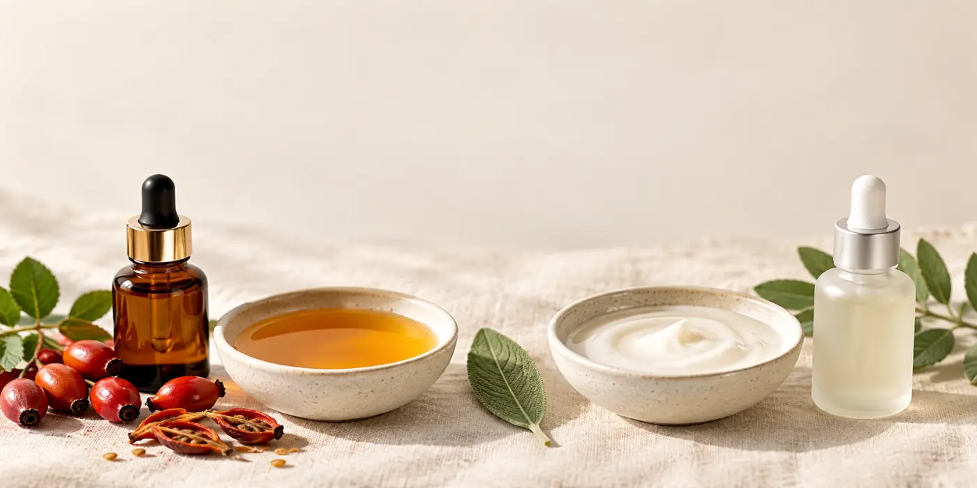 Golden rosehip oil in an amber dropper bottle and bowl with fresh rose hips, beside a white retinol serum in a frosted bottle – rosehip oil vs retinol