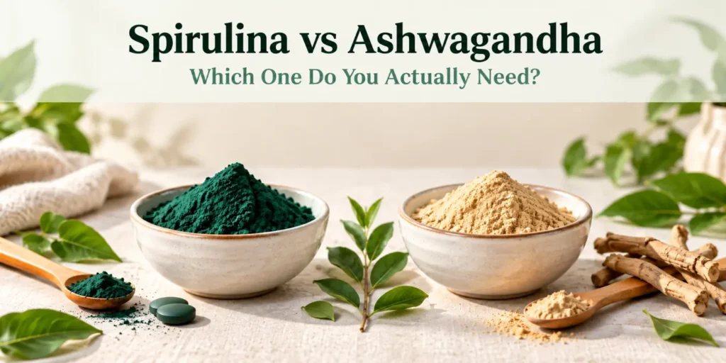 Spirulina powder and ashwagandha powder in bowls side by side for a spirulina vs ashwagandha comparison