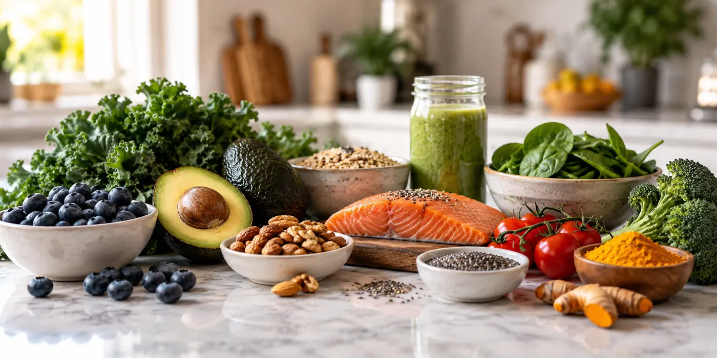 Top 10 superfoods to eat for better health, including salmon, avocado, leafy greens, nuts, berries, and a green smoothie arranged on a table