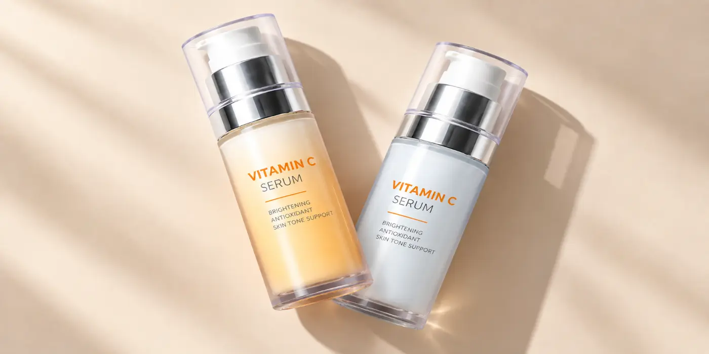 Two vitamin C serum pump bottles on a soft cream background, vitamin C serum on dry or damp skin