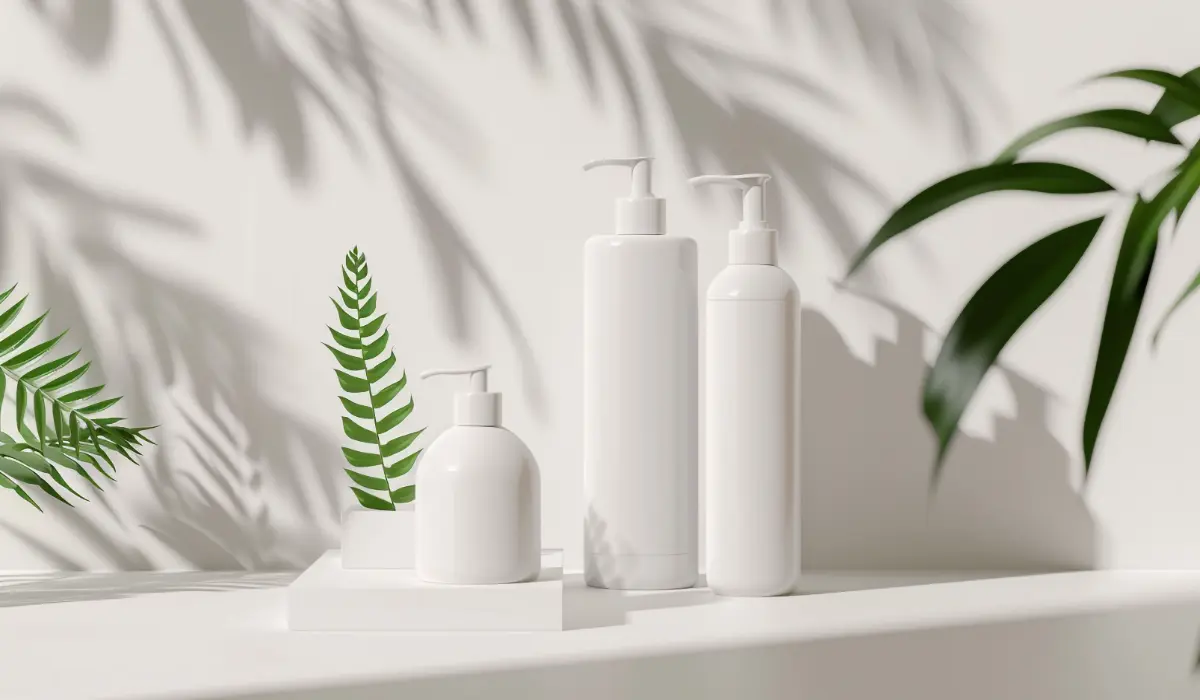 Three white skincare pump bottles on a shelf with green fern and palm leaves, eye cream before or after sunscreen