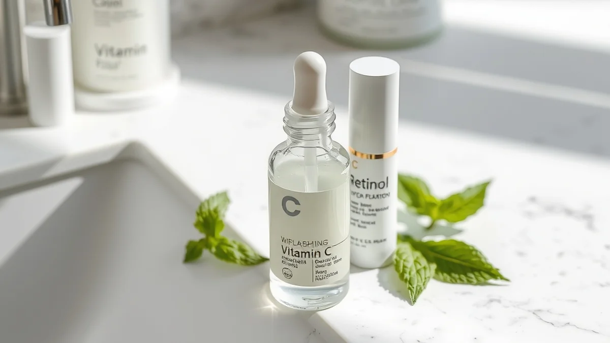 Retinol and vitamin c skincare bottles on a bright vanity