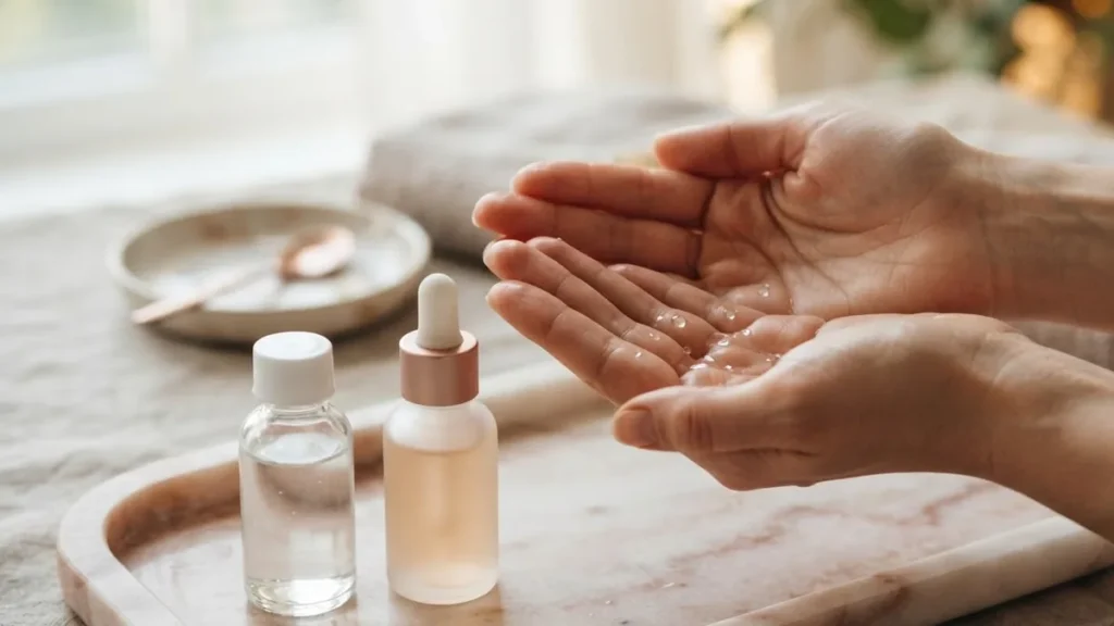 Watery essence in cupped hands next to an essence bottle and a serum dropper bottle lined up in order