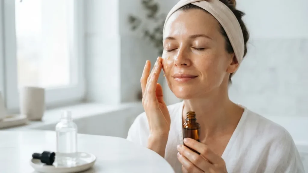 Woman pressing golden face oil drops onto her cheek after her serum, holding a face oil dropper bottle