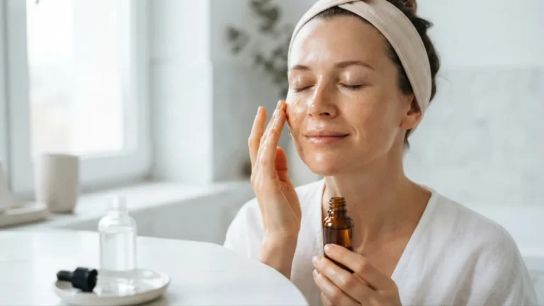 Woman pressing golden face oil drops onto her cheek after her serum, holding a face oil dropper bottle