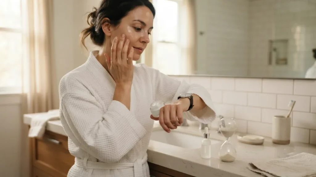 Woman checks her watch after applying serum, holding her moisturizer and waiting before the next step, with an hourglass on the bathroom counter