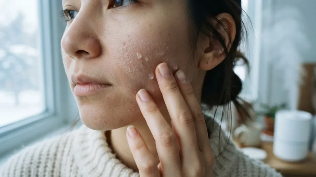 Woman pressing hydrating serum into dry, flaky skin on her cheek on a winter morning