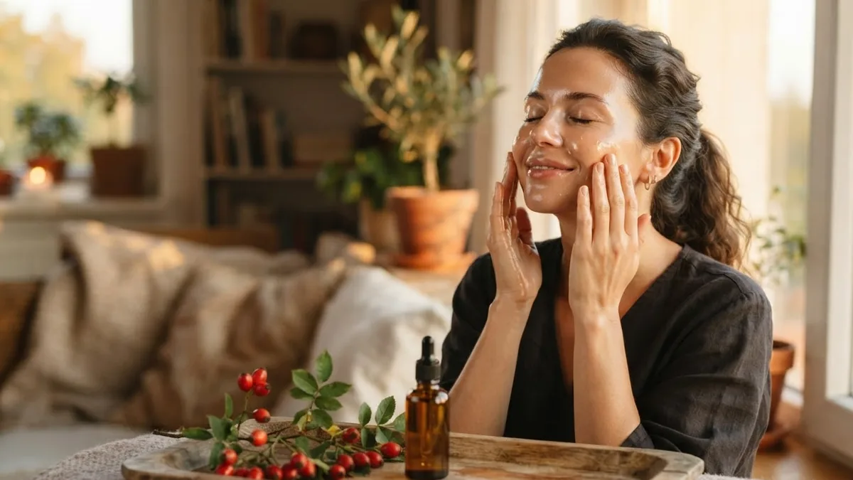 Woman massaging rosehip oil into her face, with a rosehip branch and oil dropper bottle on a tray