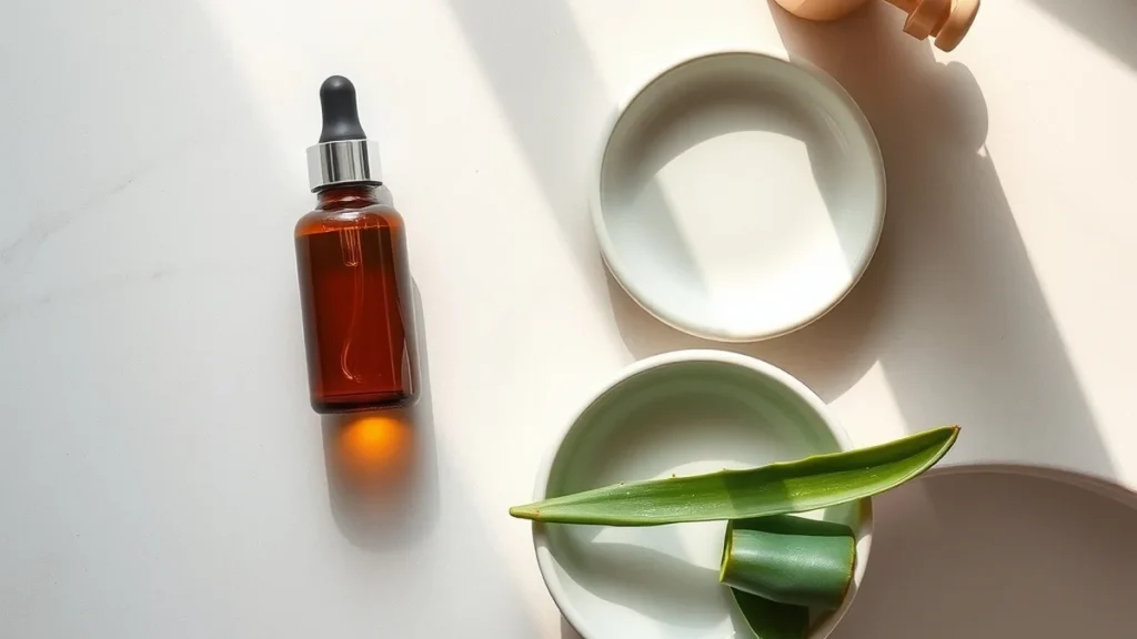 Minimalist skincare products on a grey concrete tray with natural light