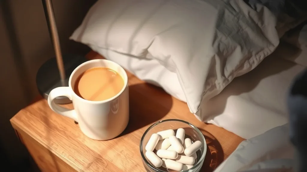 Bedside table with a warm nighttime drink and magnesium capsules for sleep research review