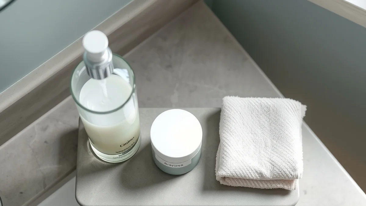 Clean skincare pump bottle and cream jar resting on a bathroom vanity tray.