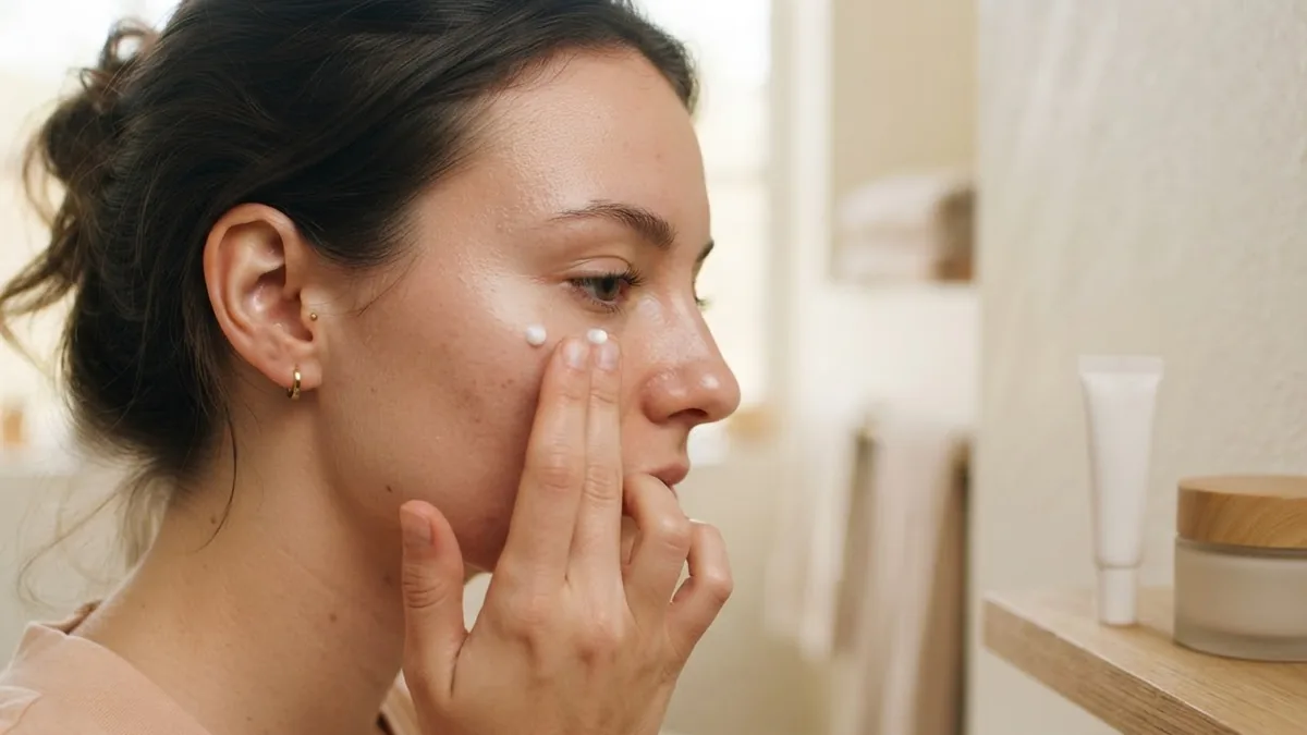 Woman dabbing eye cream under her eye, with an eye cream tube and moisturizer jar on a shelf