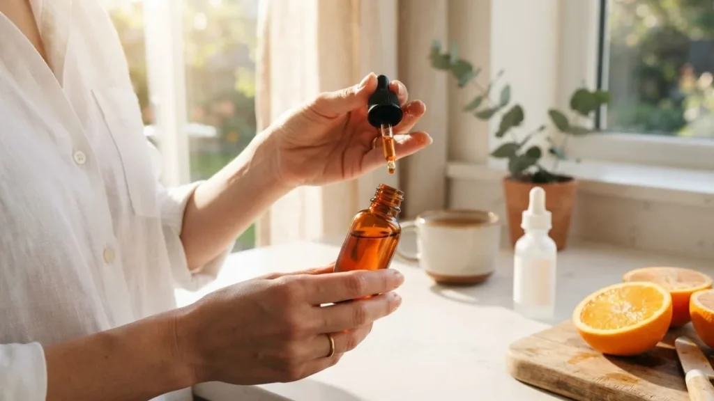 Hand applying vitamin C serum first, with a niacinamide serum bottle waiting next to fresh oranges
