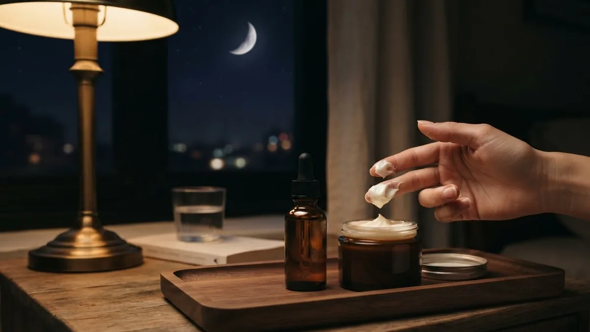 Retinol serum bottle and night cream jar on a bedside tray at night
