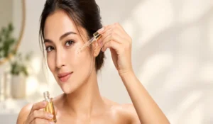 Woman applying rosehip oil to her face with a dropper, showing whether to use rosehip oil before or after moisturizer