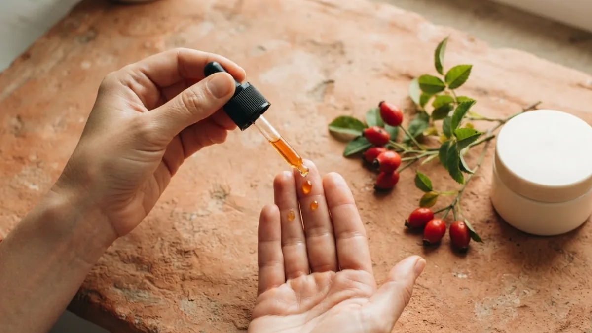 Rosehip oil drops on fingertips first, with a closed moisturizer jar waiting as the next step