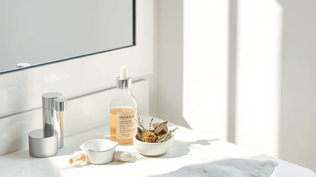 Scalp care products on a bright marble vanity with natural light