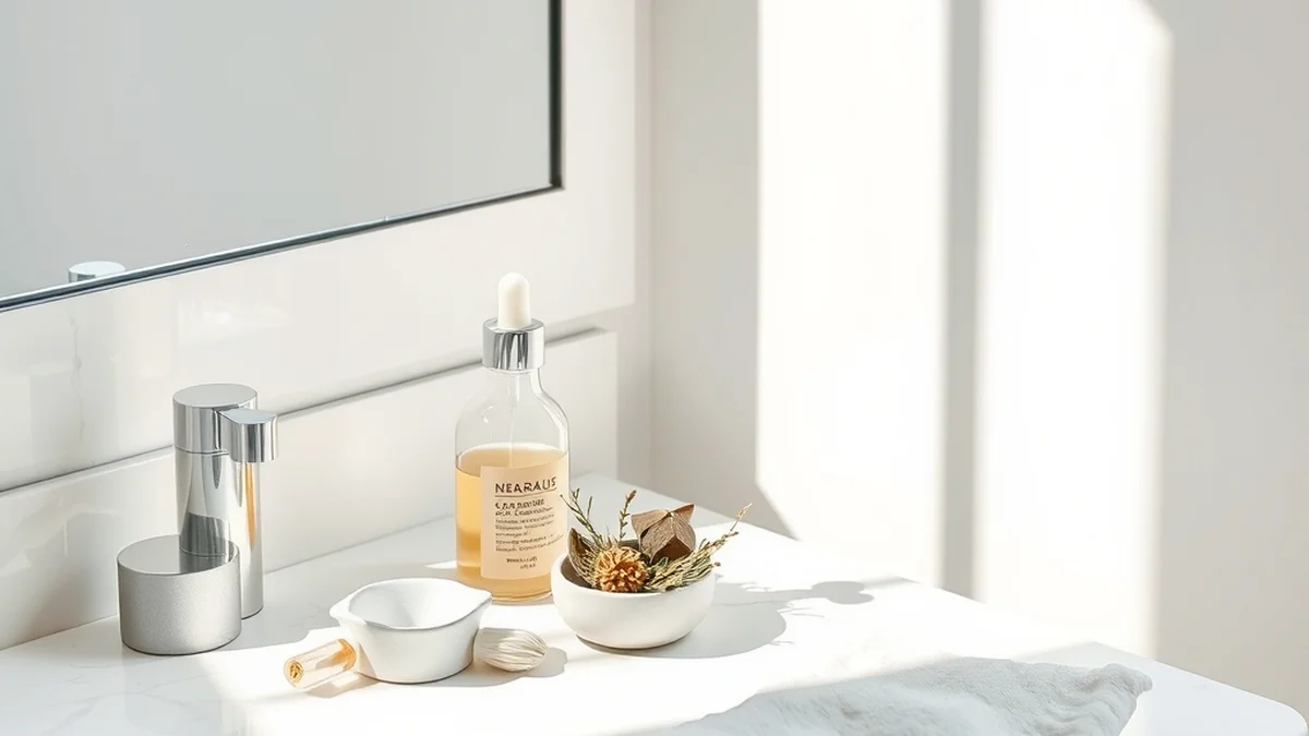 Scalp care products on a bright marble vanity with natural light
