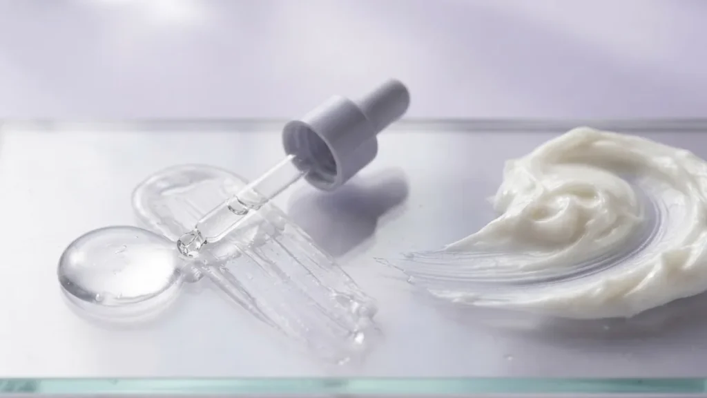 Thin clear serum next to thick moisturizer cream on glass, showing thin-to-thick layering