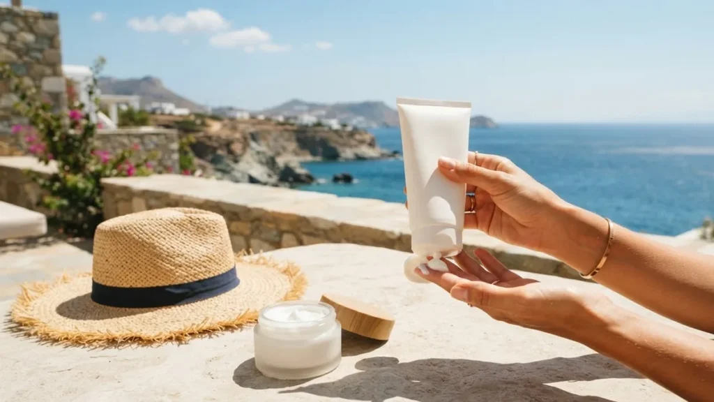 Hand squeezing sunscreen onto fingers next to a moisturizer jar and sun hat in bright sunlight