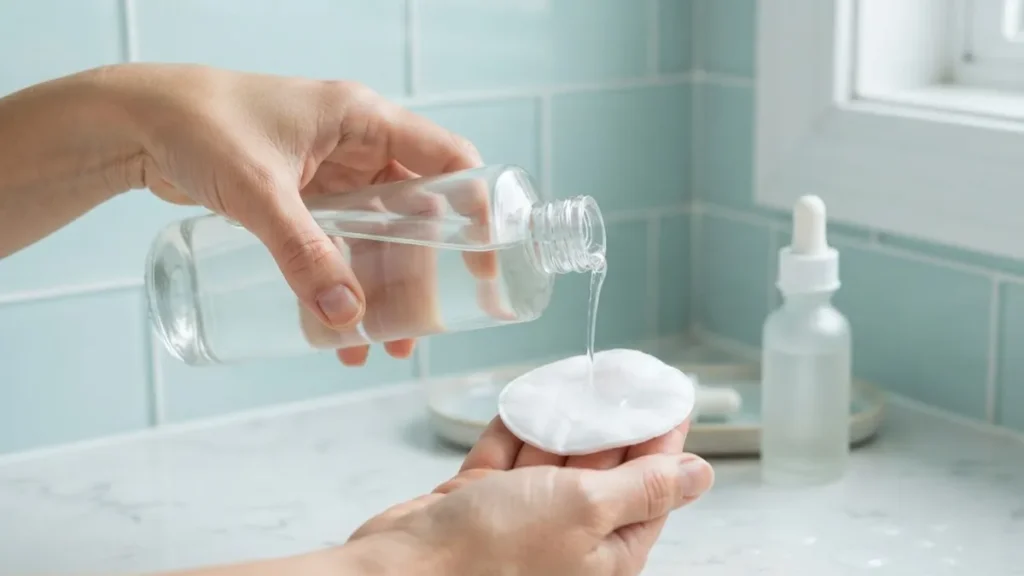 Pouring toner onto a cotton pad, with the essence bottle waiting as the next step