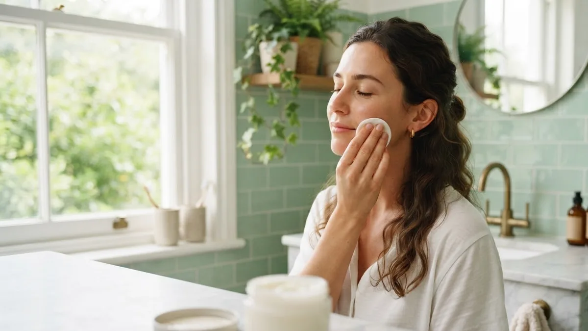 Woman applying toner with a cotton pad before moisturizer in a mint green bathroom