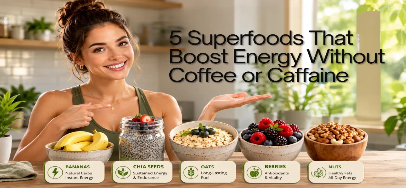 5 superfoods that boost energy naturally without coffee or caffeine, including nutrient-rich foods for lasting daily energy.