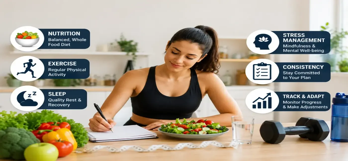Scientific weight loss concept with healthy food nutrition data fitness tracking showing evidence-based fat loss metabolism boost strategies