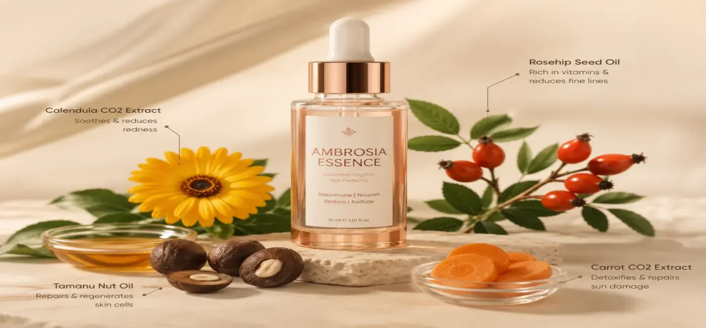 Ambrosia Essence Skin Perfector bottle with organic botanical ingredients including rosehip, tamanu, calendula, and carrot extract for healthy, glowing skin.