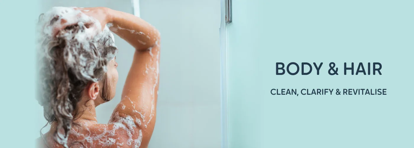 Premium body hair care products banner with hair removal cream, trimmer, moisturizing lotion and smooth glowing skin for grooming and wellness