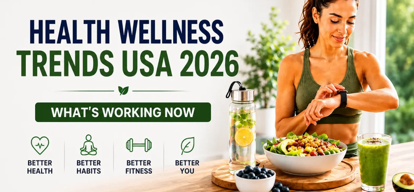 Health Wellness Trends USA 2026 featuring personalized nutrition, wearable health technology, mental wellness, sustainable weight loss, and functional fitness strategies for a healthier lifestyle.