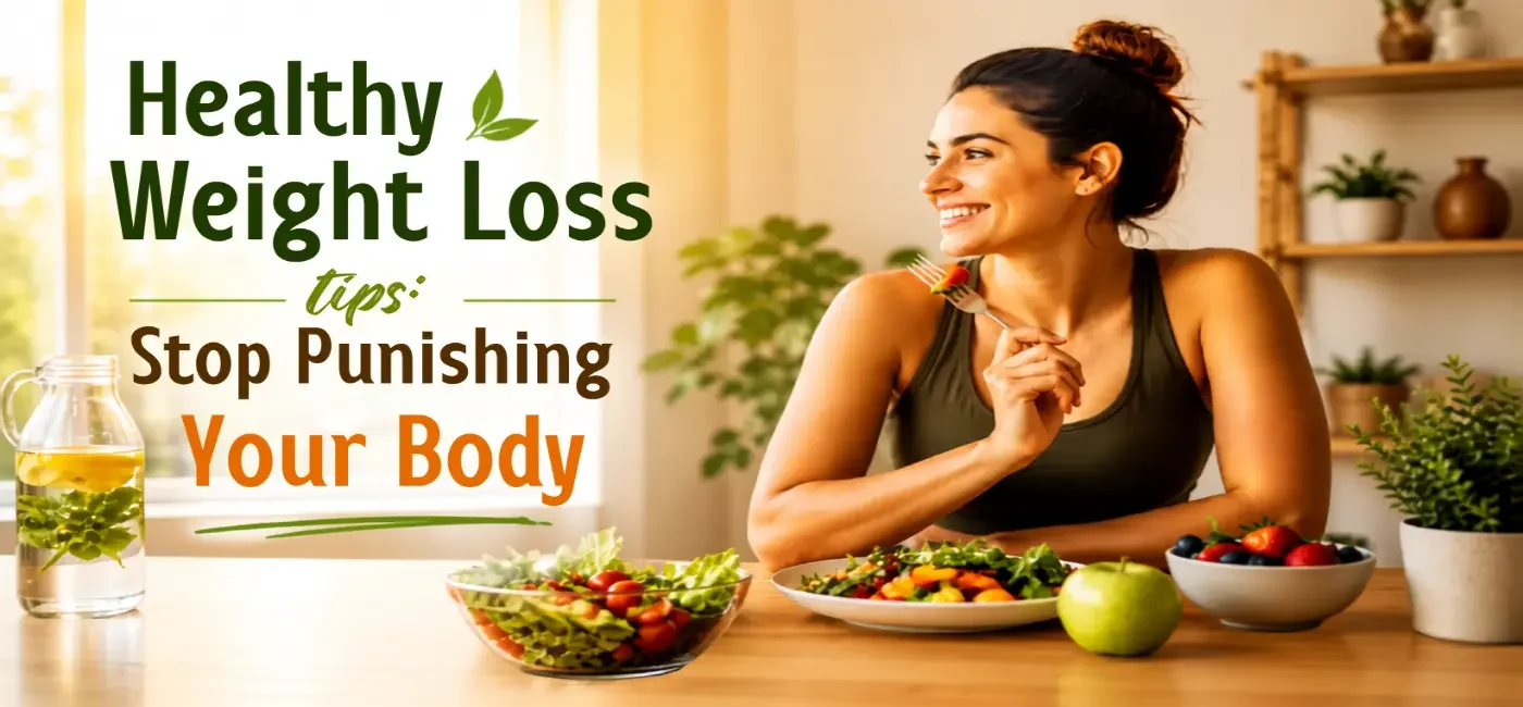 A happy woman enjoying a vibrant, healthy meal and a balanced lifestyle, representing weight loss tips that prioritize nourishment over punishment – Vigrovia Health.