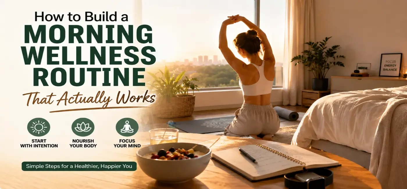 How to Build a Morning Wellness Routine That Actually Works – A woman stretching during a peaceful sunrise morning wellness routine with healthy breakfast, lemon water, yoga mat, and journal in a cozy bedroom, promoting healthy habits, mindfulness, fitness, and daily self-care.