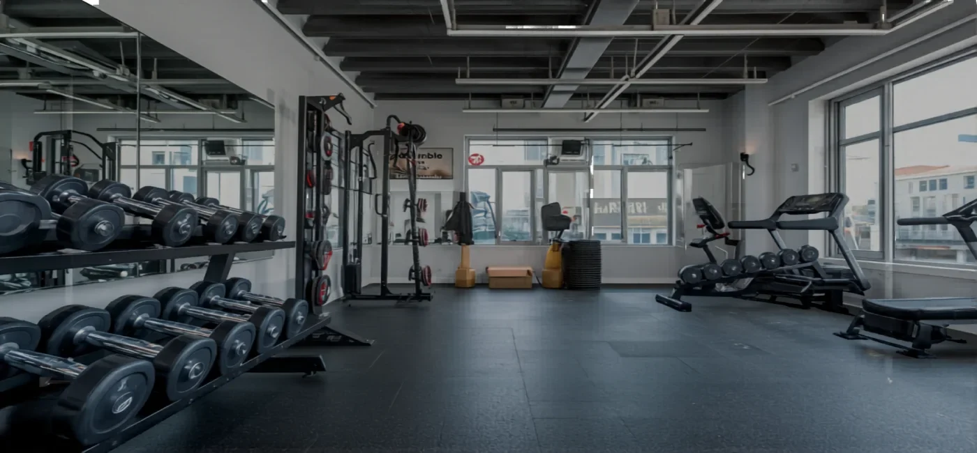 Step-by-step guide showing how to build a home gym with essential equipment including adjustable dumbbells, resistance bands, yoga mat, and workout bench arranged in a compact home space