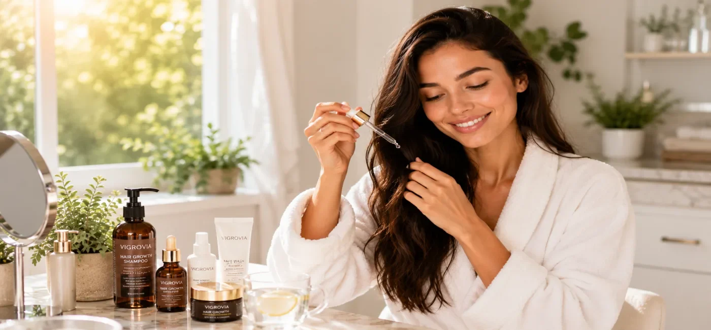 Morning Body & Hair Care Routine – A woman following a refreshing morning body and hair care routine with clean skincare products, healthy hair essentials, and natural beauty practices for glowing skin, hydrated body, and strong, shiny hair.