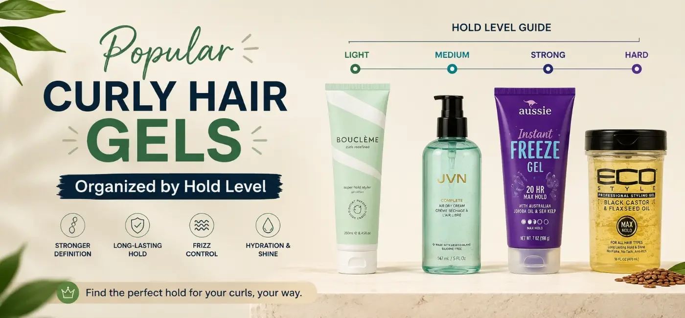 Popular curly hair gels organized by hold level chart showing light to strong styling products for defined frizz-free curls.