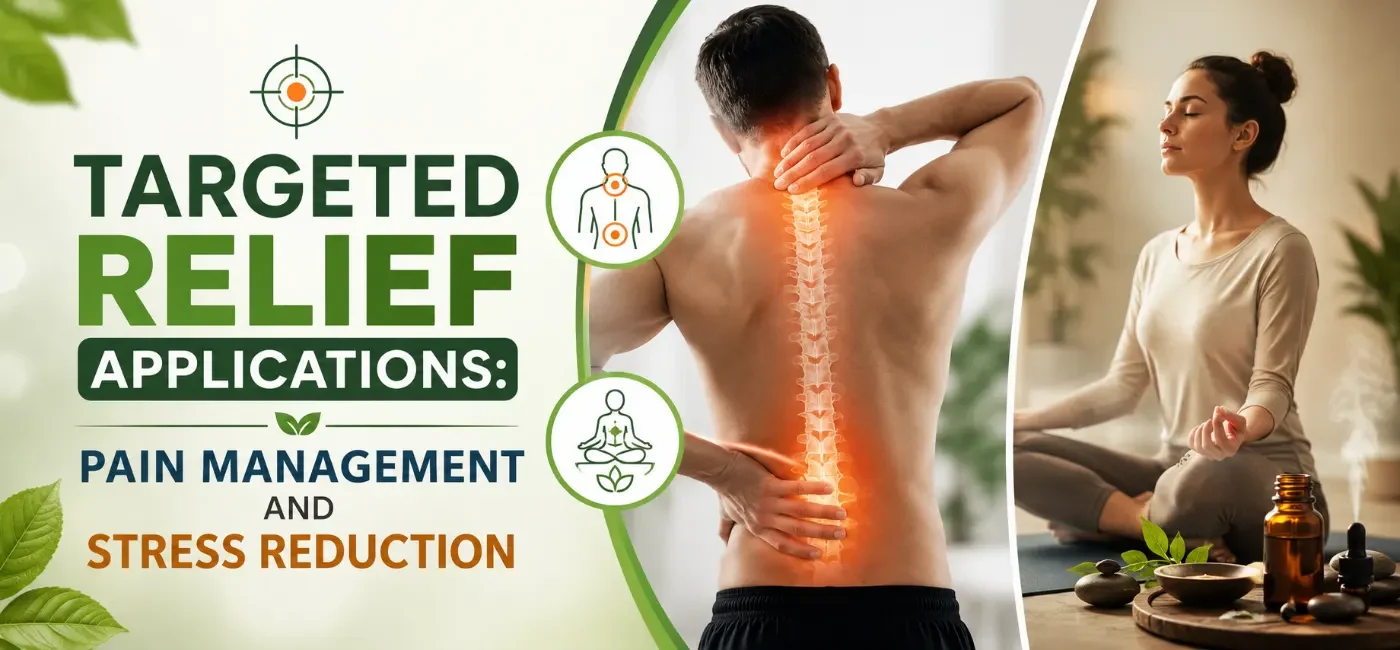 Targeted relief applications using water-soluble essential oils for natural pain management and fast mental stress reduction.