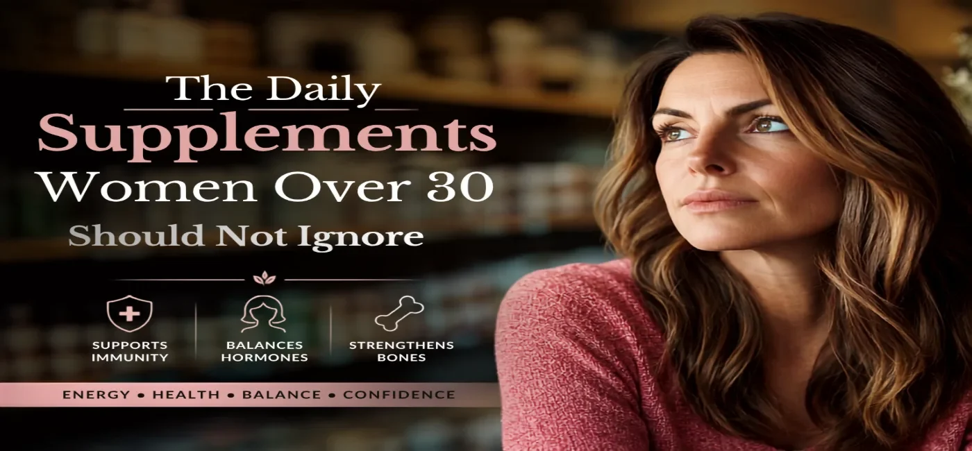 Daily supplements for women over 30 - Vitamin D, Omega-3, Iron, Magnesium, Folate, and Calcium pills on a white background