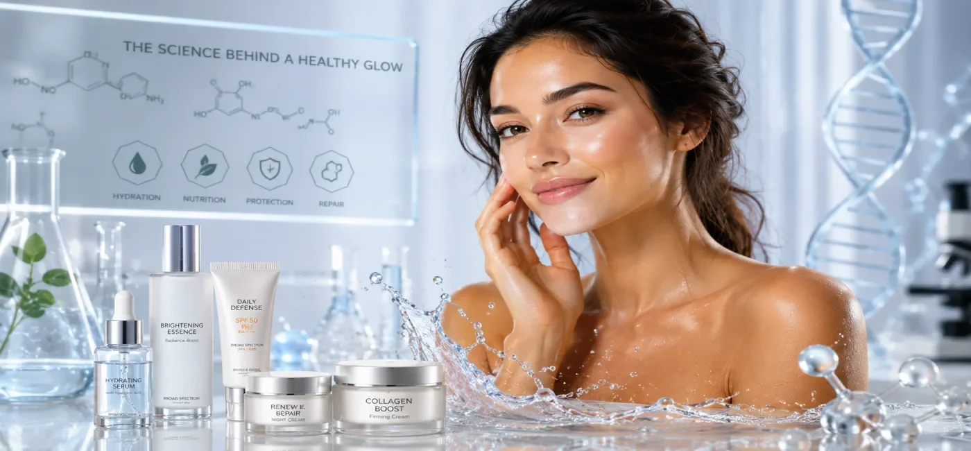 The Science Behind a Healthy Glow – A woman with naturally radiant skin and healthy hair following a science-backed skincare routine with premium beauty products, highlighting skin hydration, collagen support, antioxidants, and clean skincare for a healthy glow.