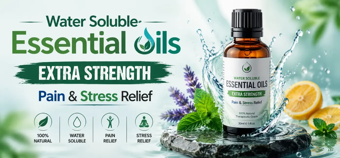 Water-soluble essential oils extra strength for pain and stress relief. Pure organic aromatherapy oil bottle for diffuser and healing.