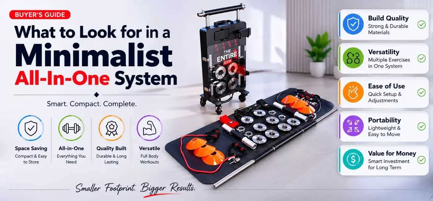 What to Look for in a Minimalist All-In-One System featuring a compact home gym with durable accessories, space-saving design, and versatile fitness equipment.