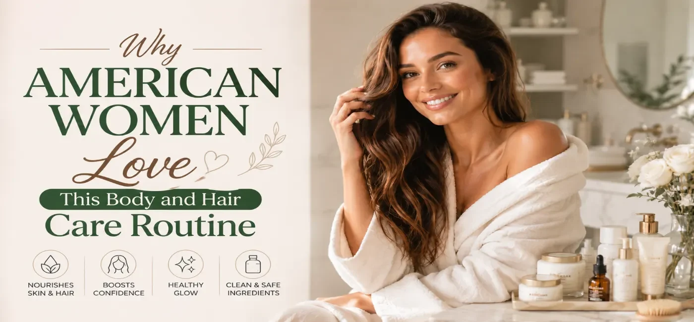 Why American Women Love This Body and Hair Care Routine – A smiling woman with healthy, shiny hair and glowing skin in a modern bathroom, surrounded by premium body and hair care products, showcasing a natural beauty routine for radiant skin and stronger hair.