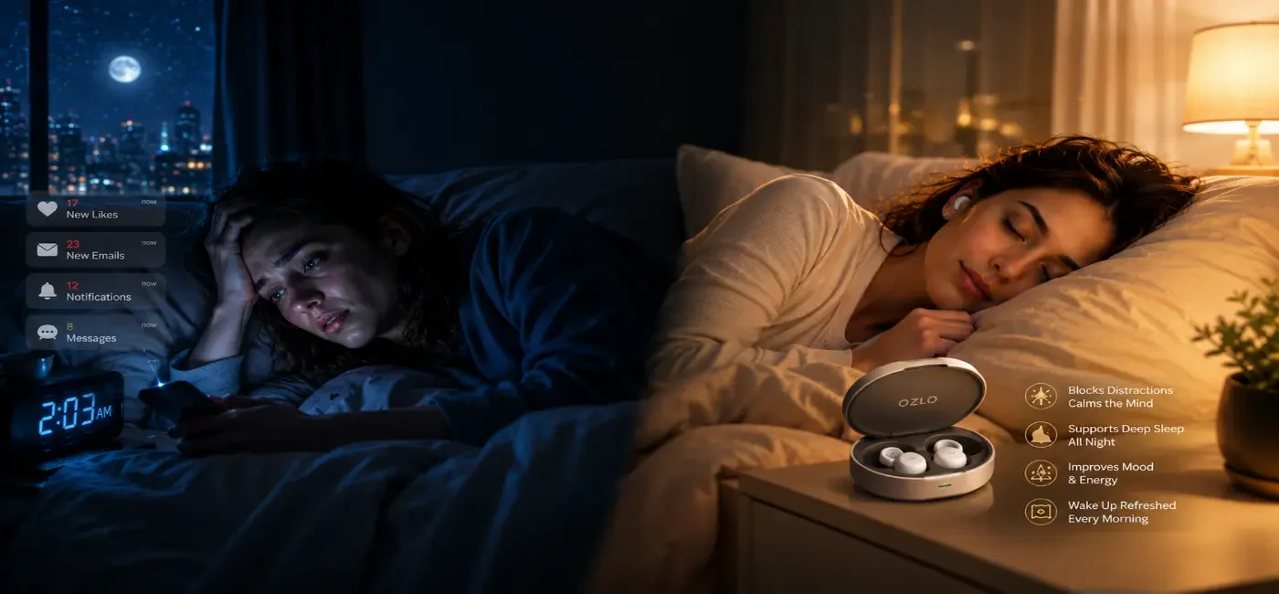 Person sleeping peacefully while using sleepbuds, showcasing a modern sleep solution that blocks noise, improves sleep quality, and supports restful nights.